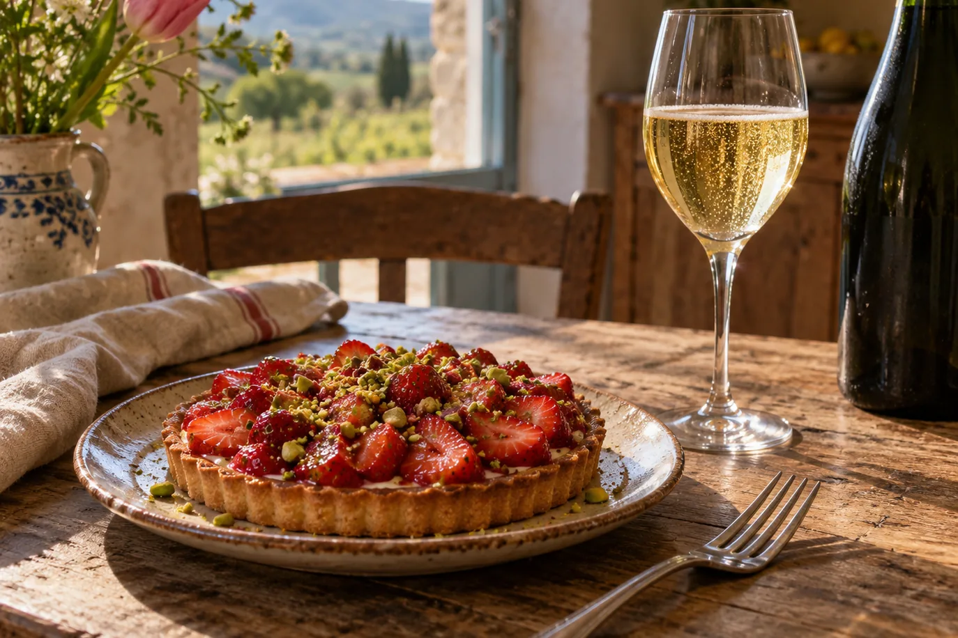 Erdbeertarte mit Pistazien und ein Glas Champagner auf einem Holztisch