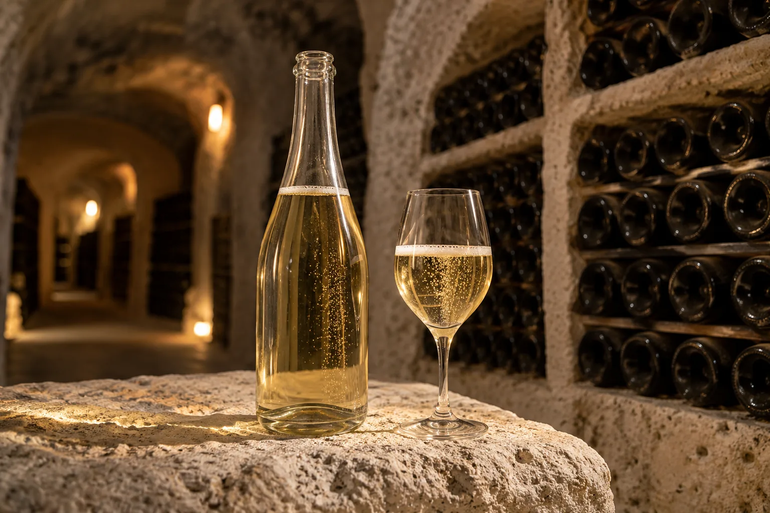 Durchsichtige Champagnerflasche ohne Etikett und ein Glas Champagner in einem Kreidekeller