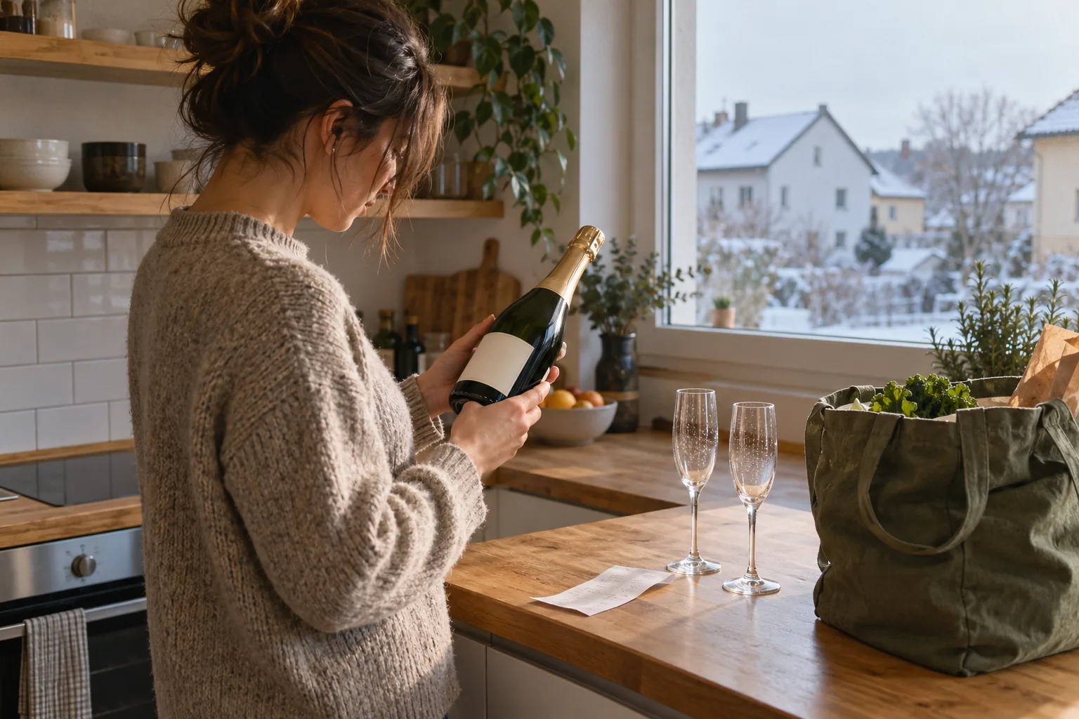 Frau in einer Küche liest das Rückenetikett einer Champagnerflasche, daneben eine Einkaufstasche
